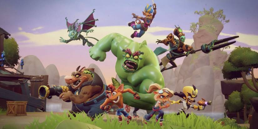 The cast of Crash Team Rumble, including Crash Bandicoot, Neo Cortex and Dingodile.