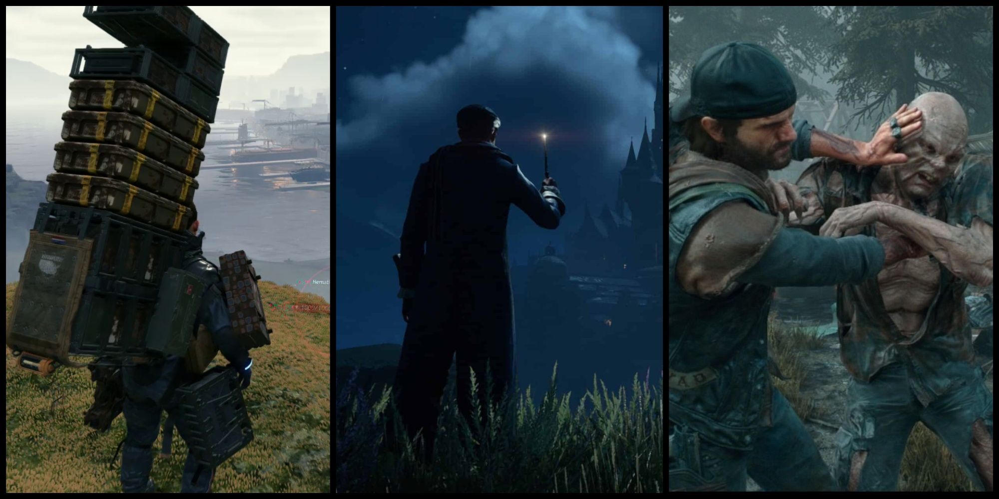 Screenshots from Death Stranding, Hogwarts Legacy and Days Gone