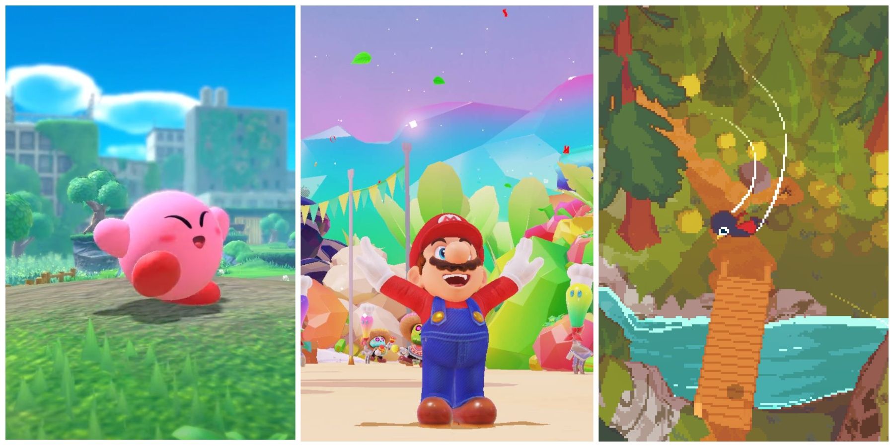 Featured image of Nintendo Switch 3D platformers Kirby and the Forgotten Land, Super Mario Odyssey, and A Short Hike 