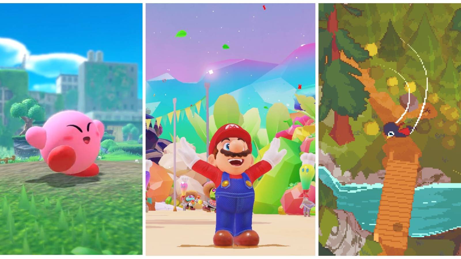 Featured image of Nintendo Switch 3D platformers Kirby and the Forgotten Land, Super Mario Odyssey, and A Short Hike 