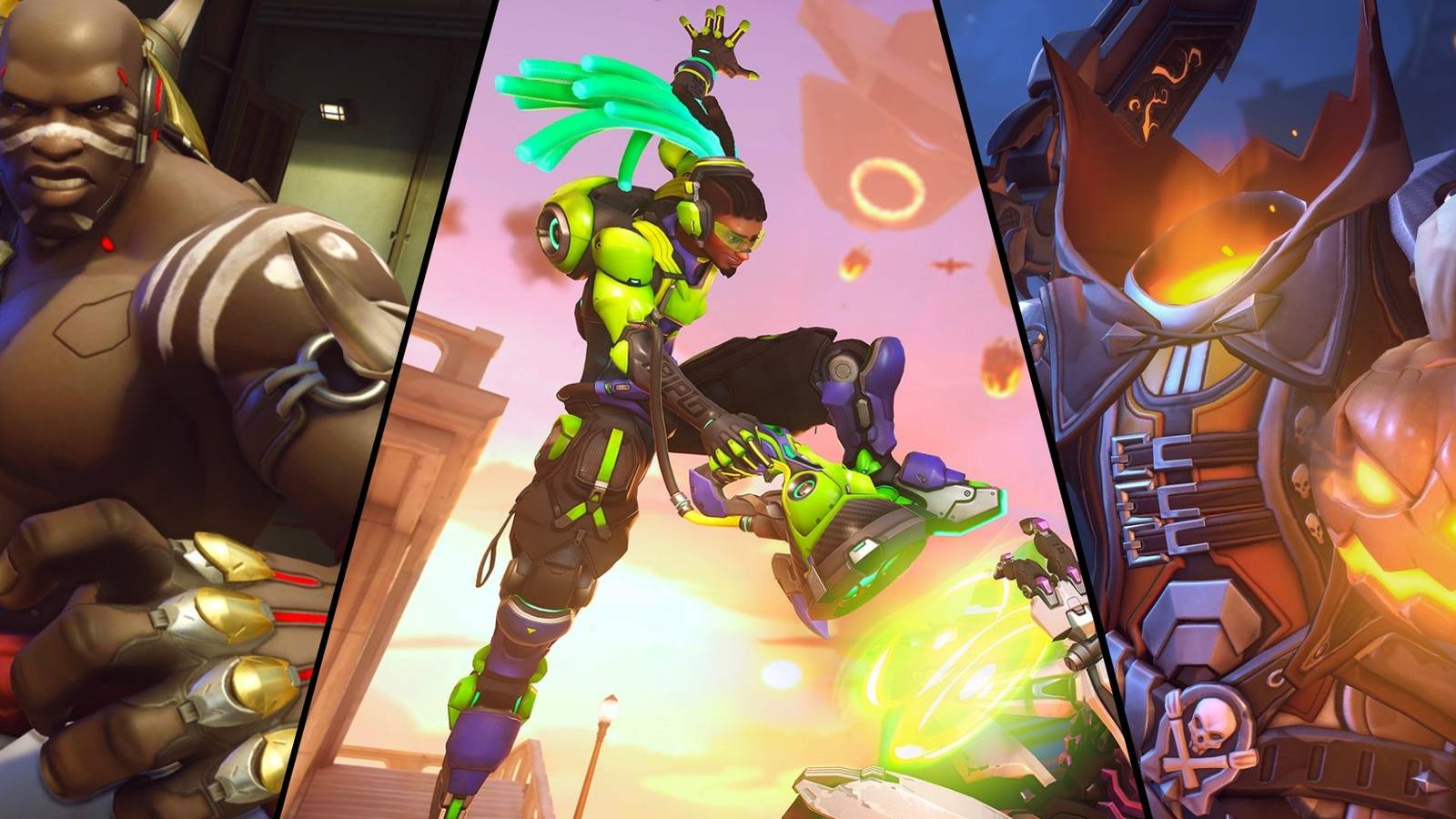 Doomfist, Lucio, Reaper in a Split Image Collage