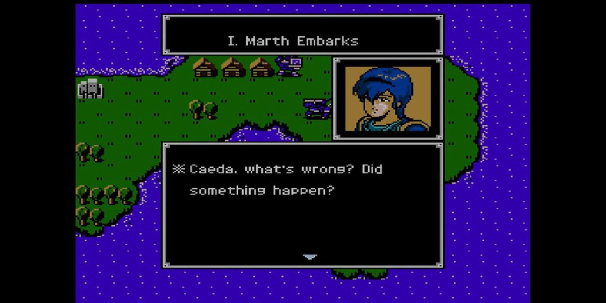 Marth talking via a dialogue box in Fire Emblem