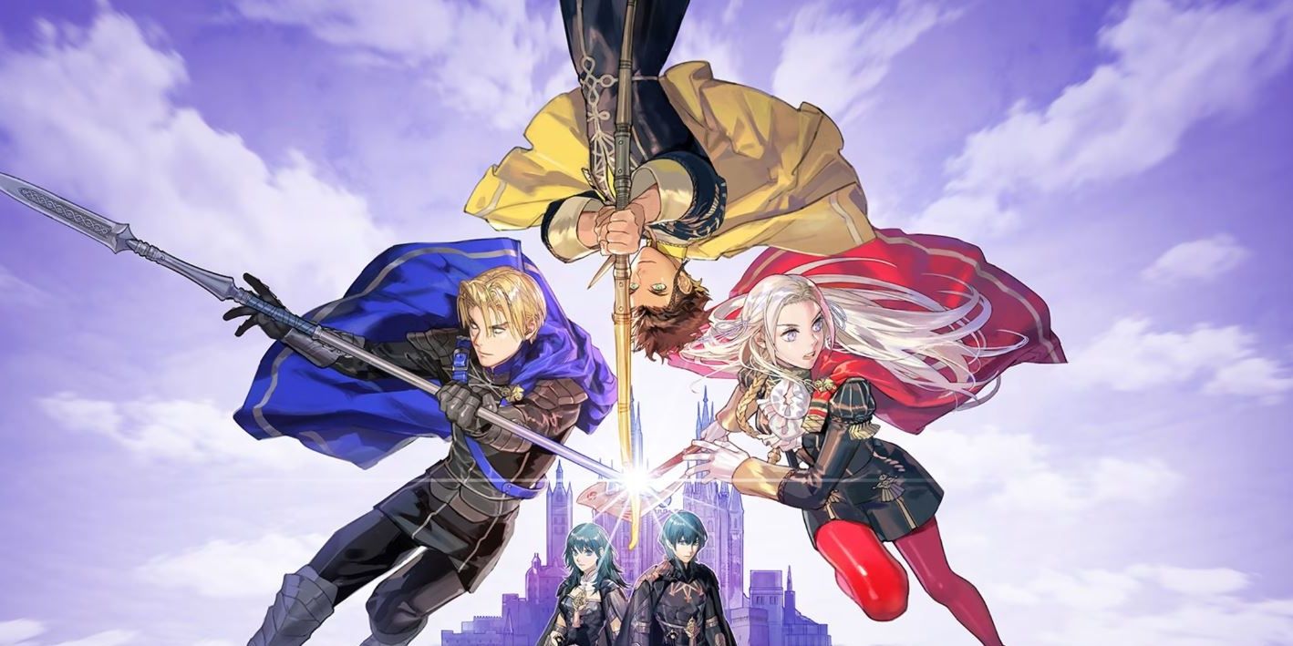 The cover art for Fire Emblem: Three Houses, featuring representatives of the three houses and Byleth