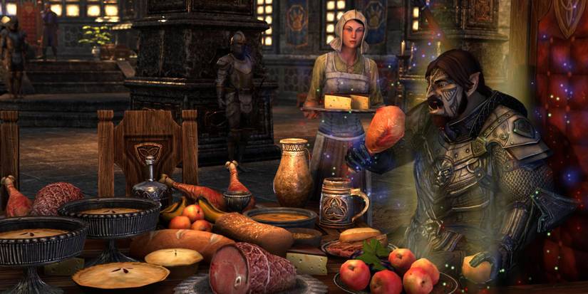 A orc eating a banquet of food in the Elder Scrolls Online