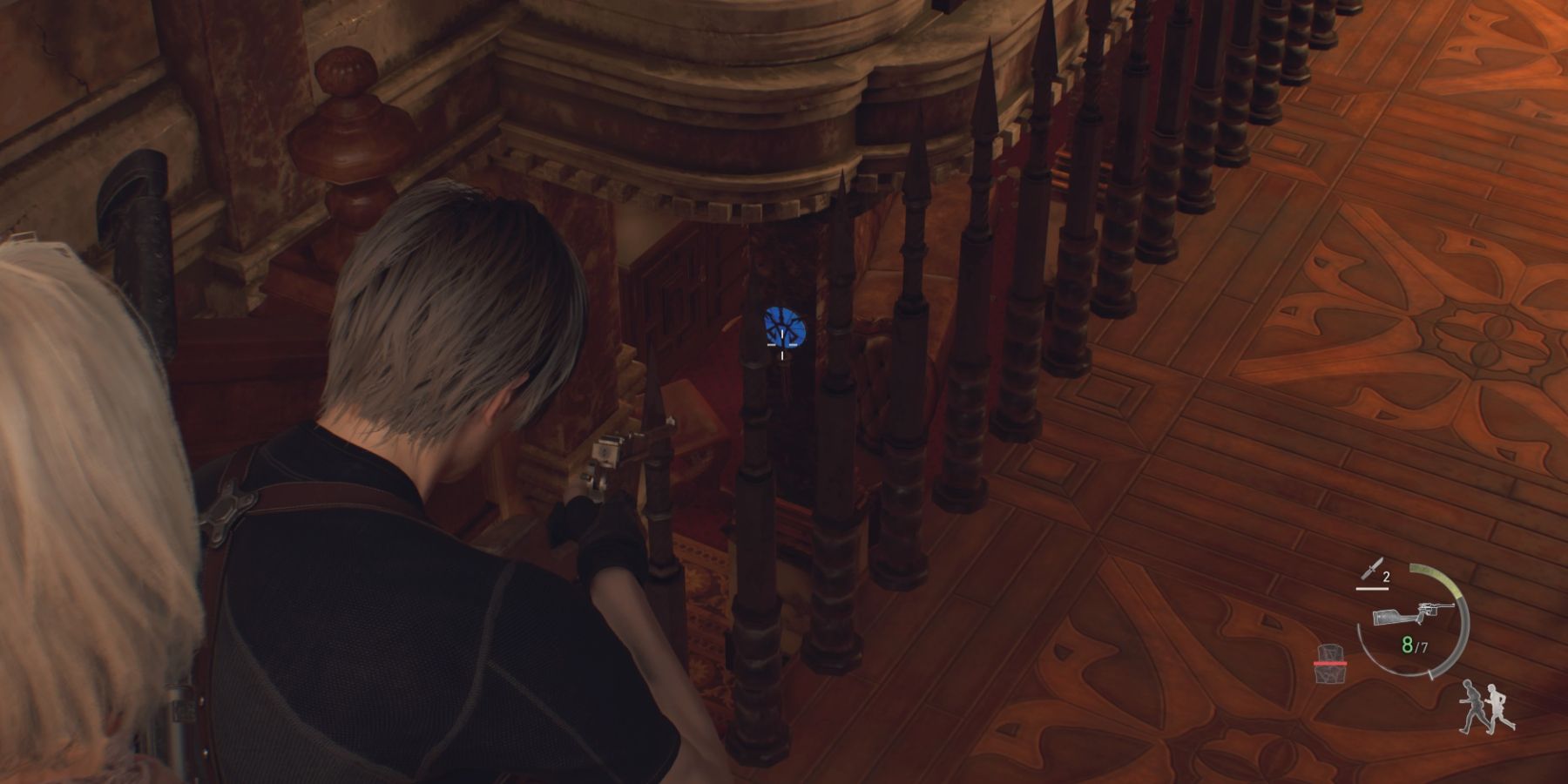 Leon aims at a Blue Medallion in Resident Evil 4 remake