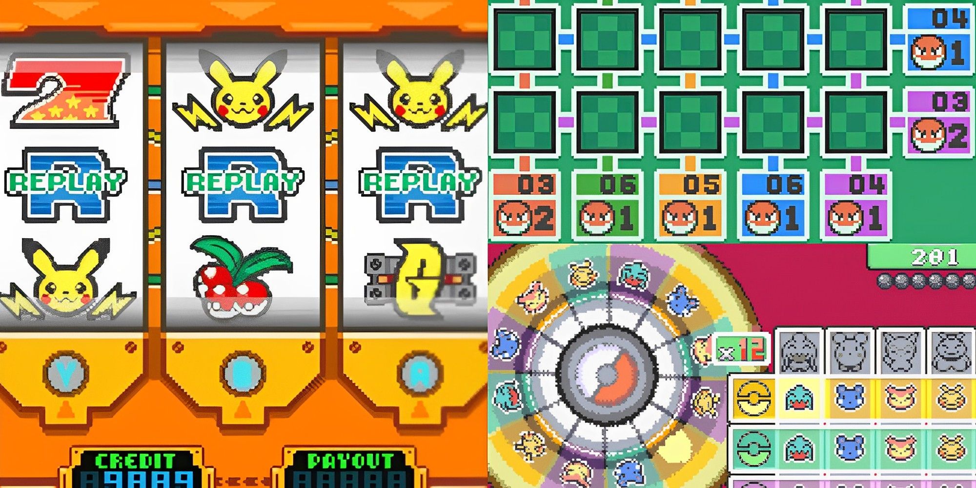 Various games from the game corner in pokemon including slots, roulette, and voltorb flip