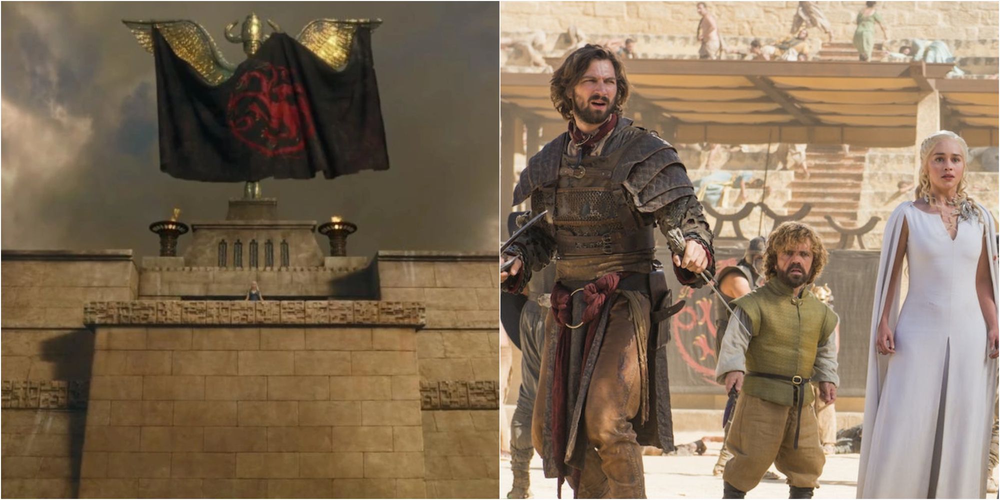 Daenerys, Daario Naharis and Tyrion in Meereen in Game of Thrones.