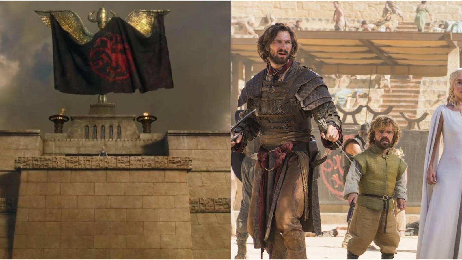 Daenerys, Daario Naharis and Tyrion in Meereen in Game of Thrones.