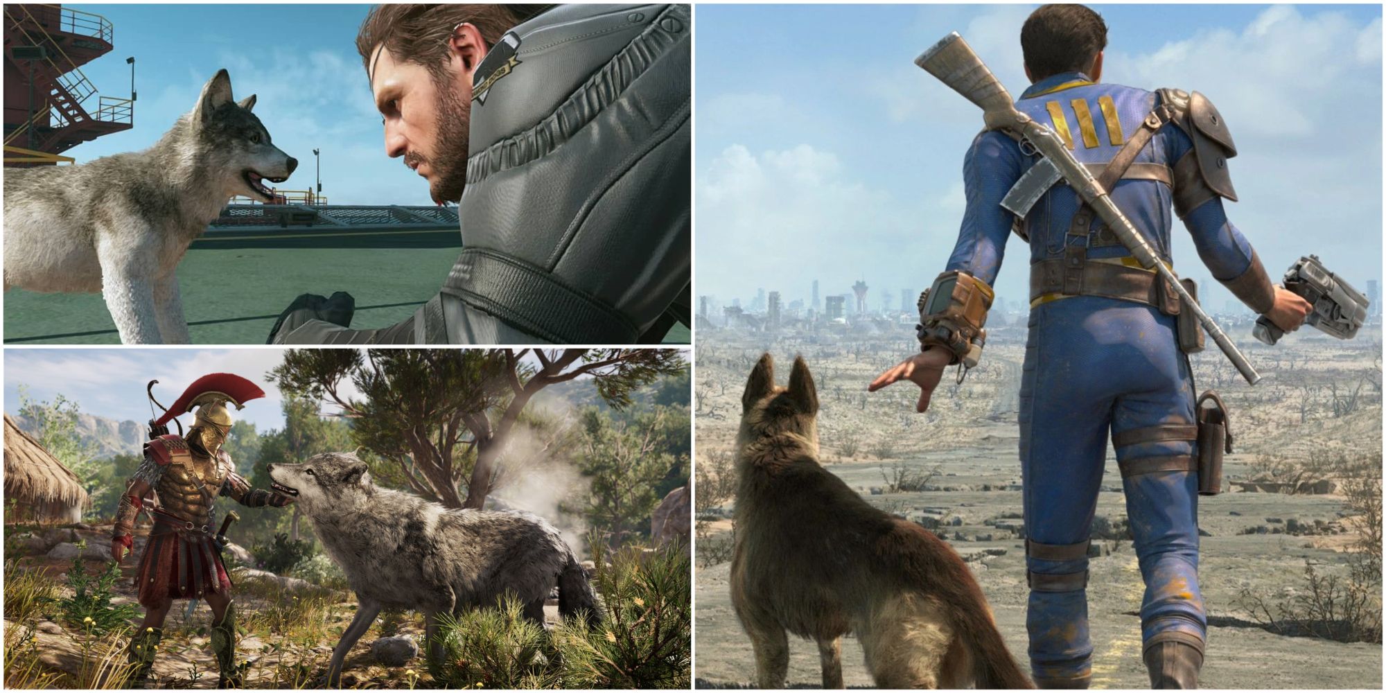 Venom Snake from MSGV playing with DD, Alexios from Assassins Creed Odyssey taming a wolf, and Fallout 4's Sole Survivor with Dogmeat