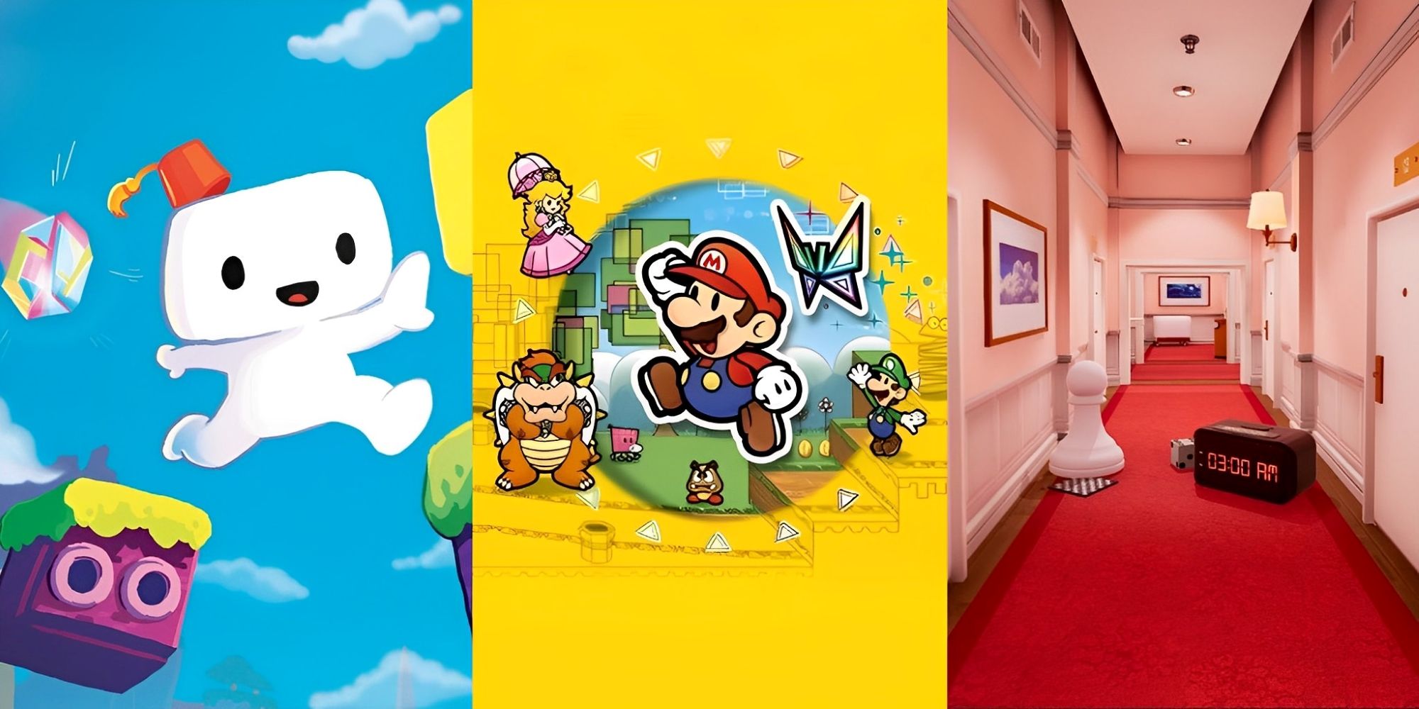 Box art from Fez, Super Paper Mario, and Superliminal