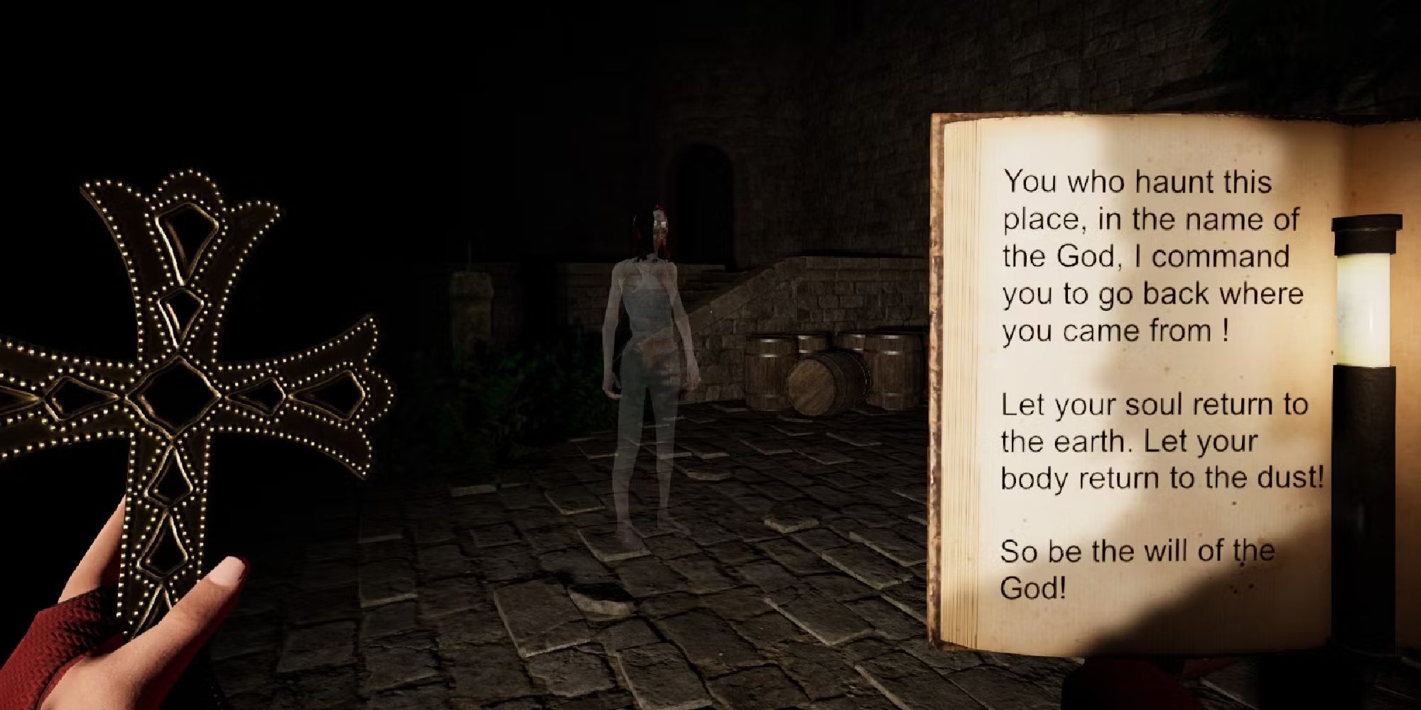 The player holds up a cross and a book as they confront a spirit. 