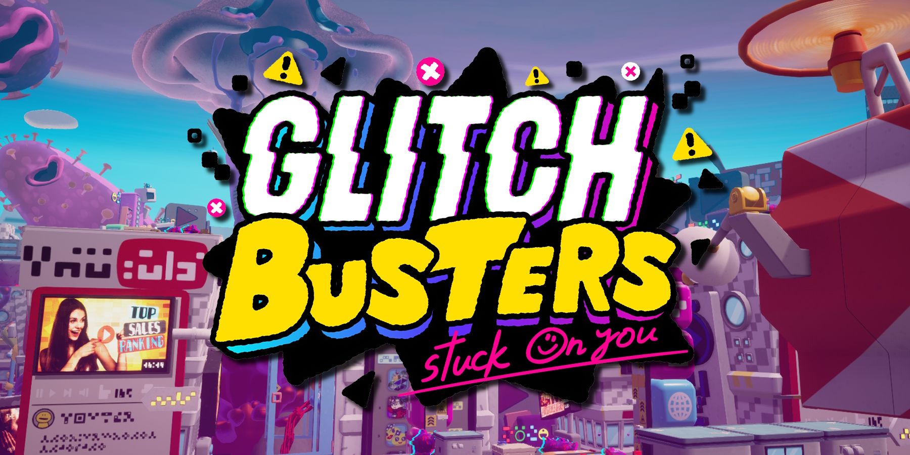 Logo for Glitch Busters: Stuck On You over a screenshot