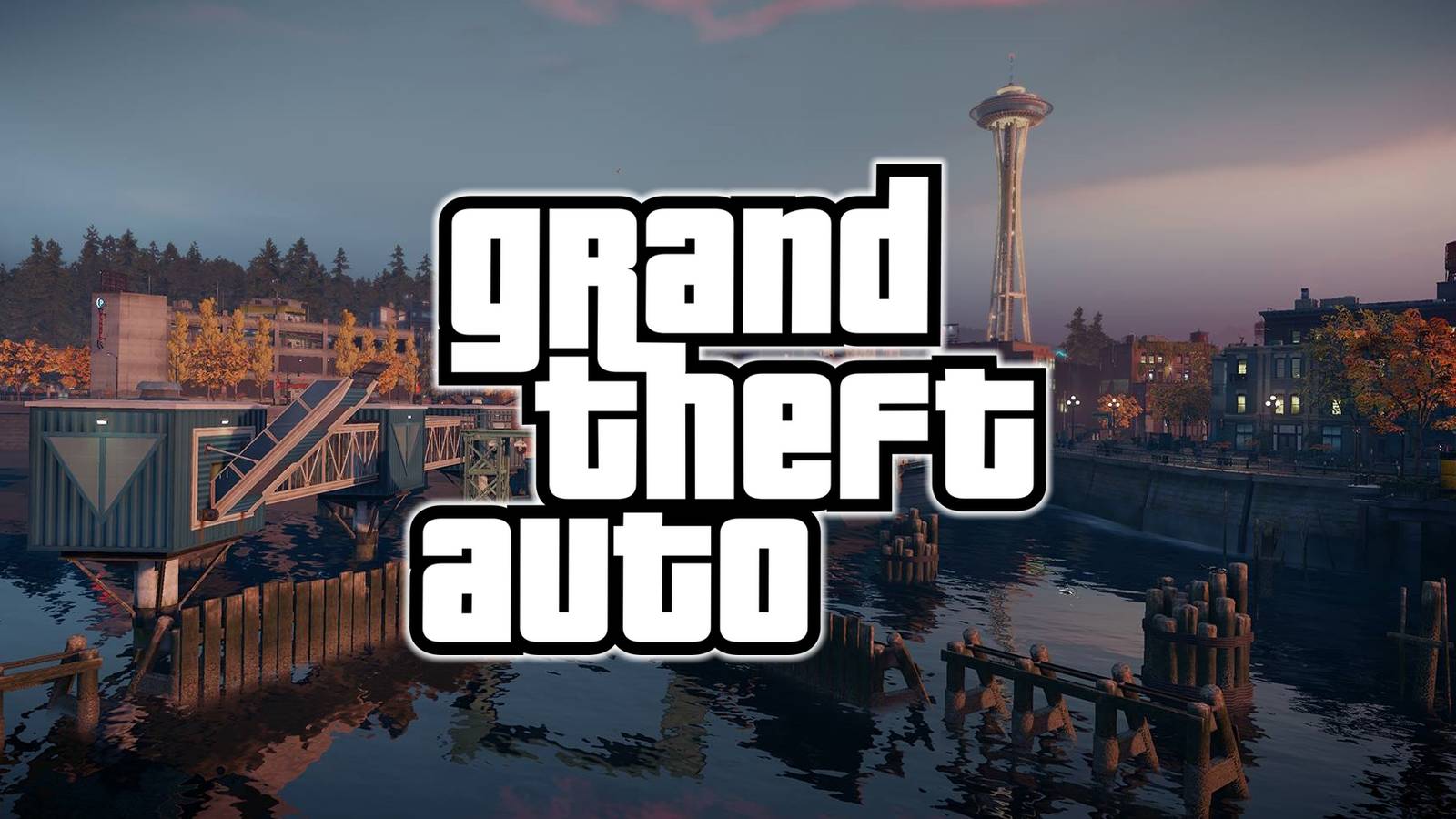 Grand Theft Auto logo superimposed over a screenshot of Seattle from Infamous: Second Son