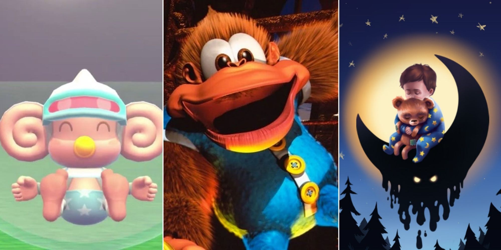 split image of baby from super monkey ball, kiddy kong from donkey kong country, and the protagonist of among the sleep