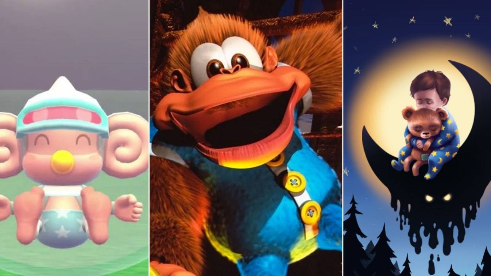 split image of baby from super monkey ball, kiddy kong from donkey kong country, and the protagonist of among the sleep