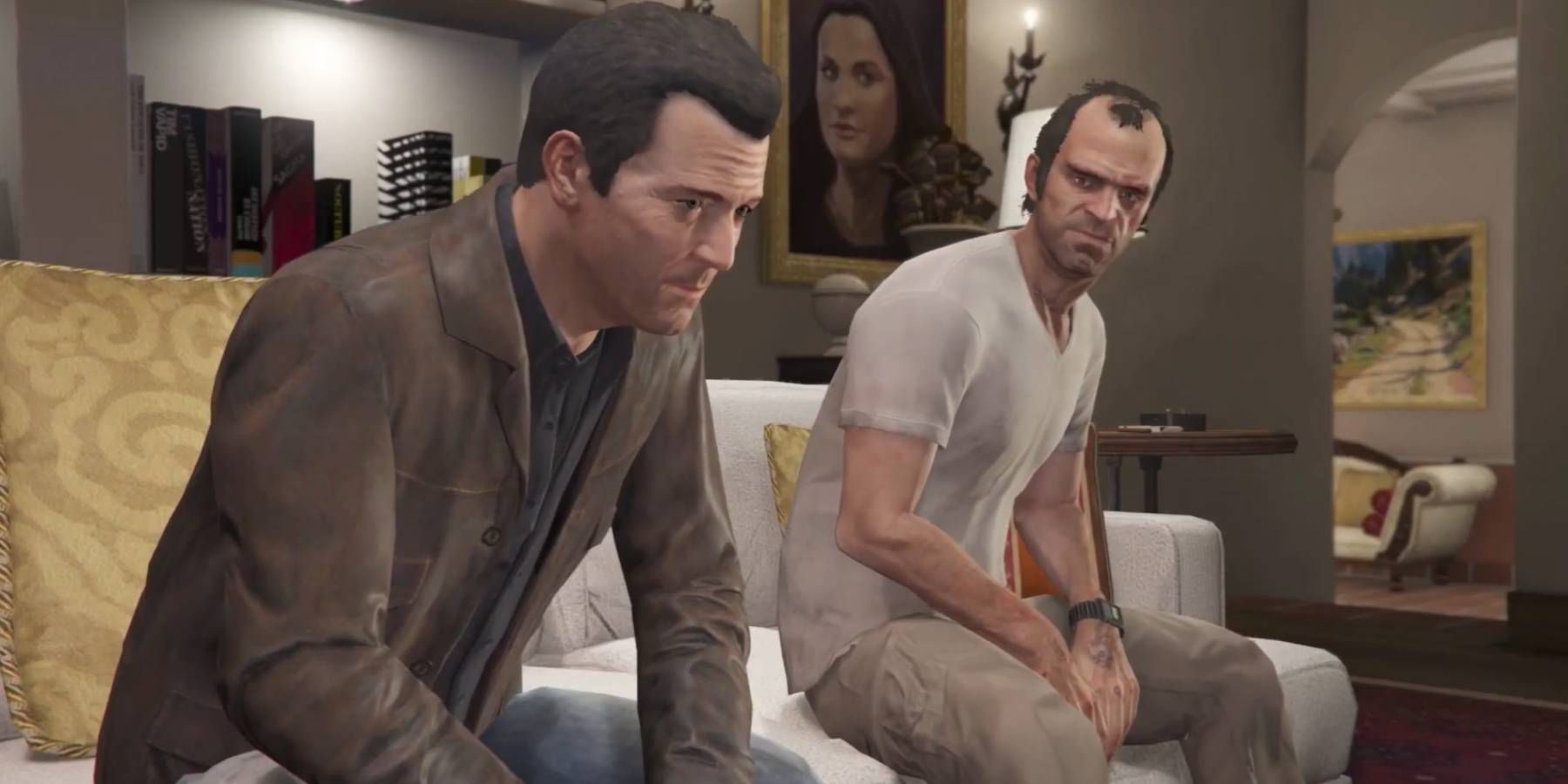 Michael and Trevor looking pensive while sitting on a couch in Grand Theft Auto 5