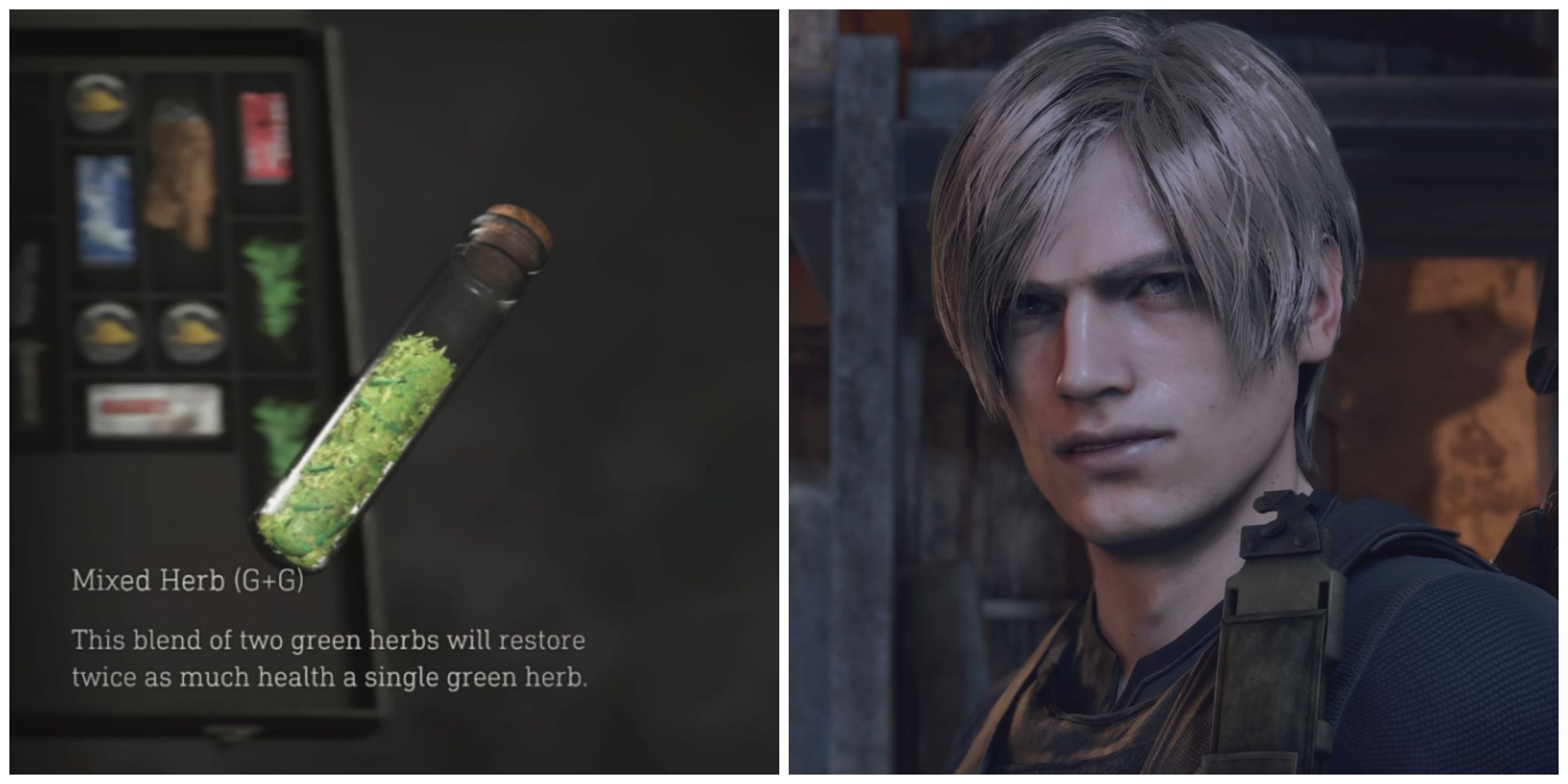 Mixed Herb healing item and Leon Kennedy in Resident Evil 4 remake