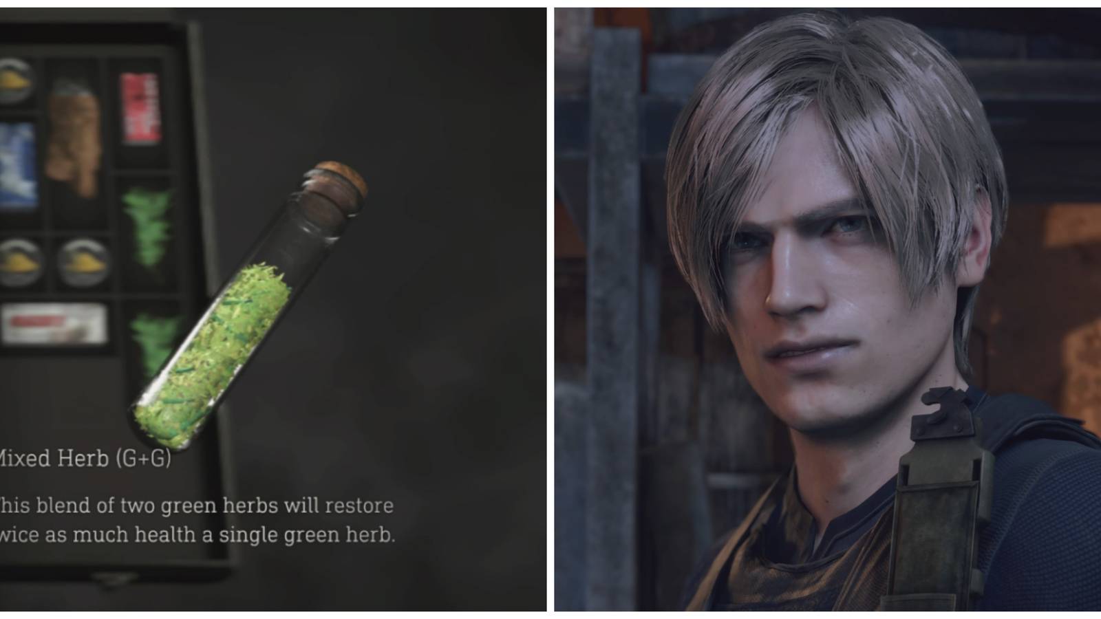 Mixed Herb healing item and Leon Kennedy in Resident Evil 4 remake