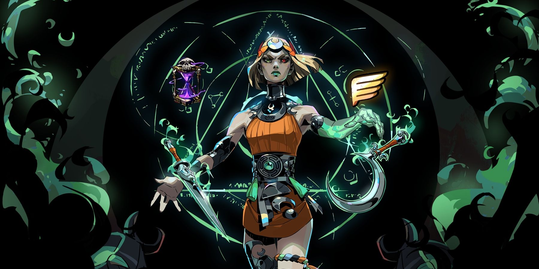 Hades 2 protagonist Melinoe, next to Hermes icon and bone hourglass keepsake.