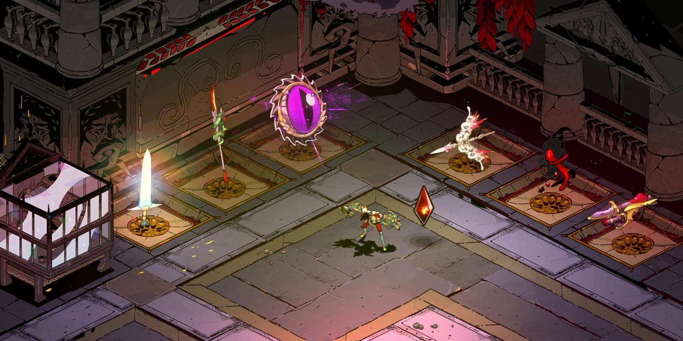 Zagreus stands in his training room, surrounded by an arsenal of a spear, sword, shield, gauntlets, a gun, and a bow.