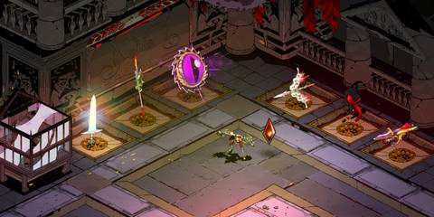 Zagreus stands in his training room, surrounded by an arsenal of a spear, sword, shield, gauntlets, a gun, and a bow in Hades