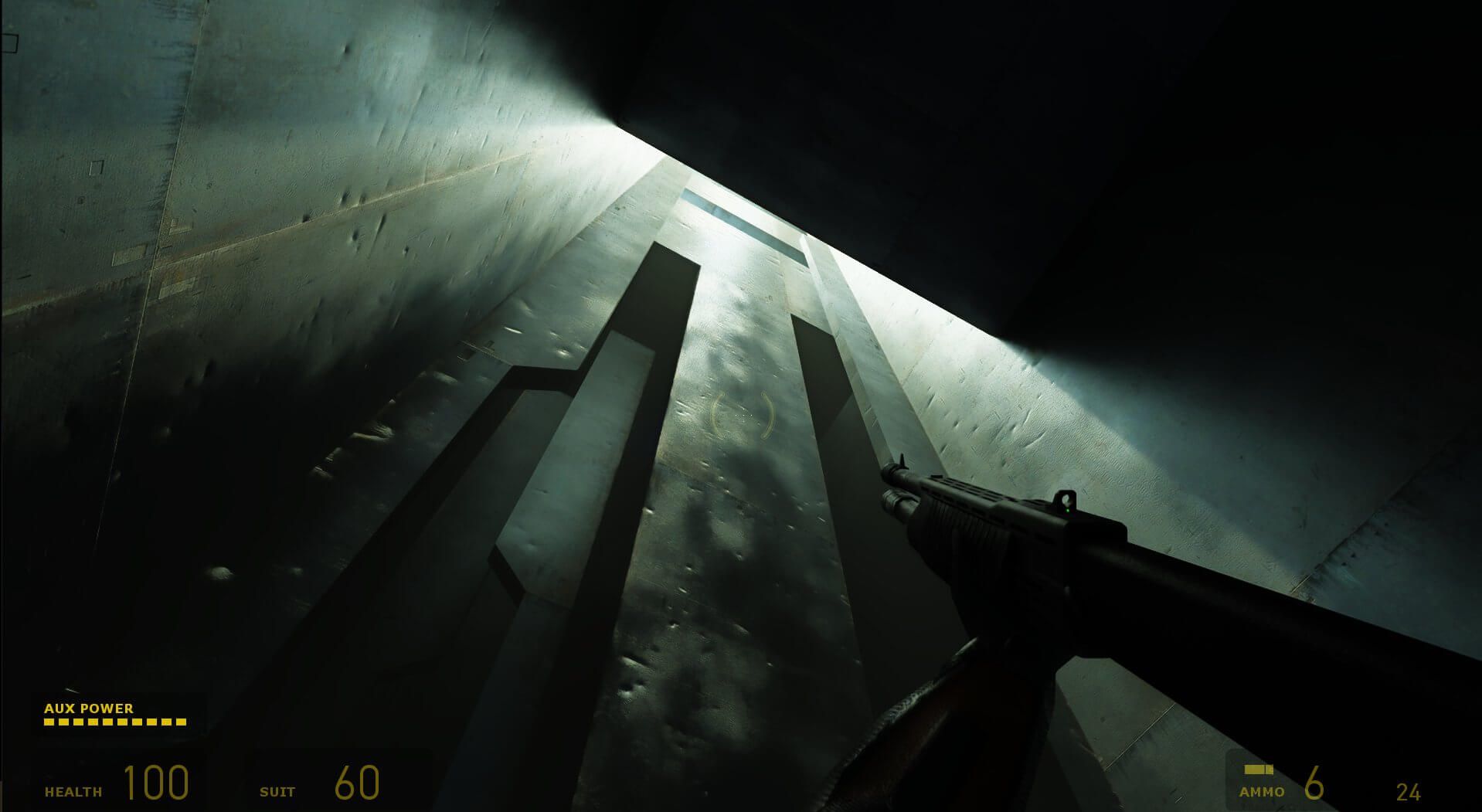 Image from an RTX version of Half-Life 2 showing Gordon Freeman looking up at a wall in the Citadel.