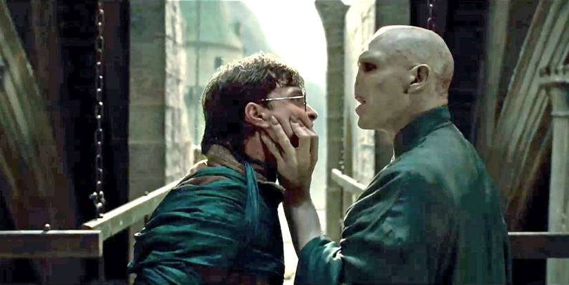 Harry Potter facing off against Voldemort