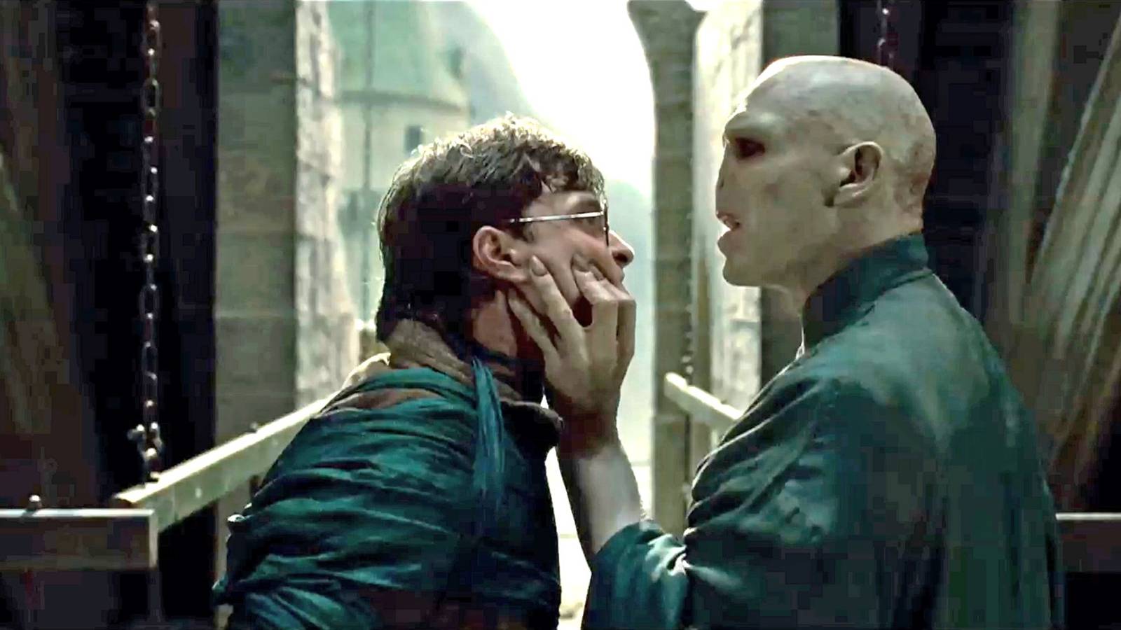 Harry Potter facing off against Voldemort