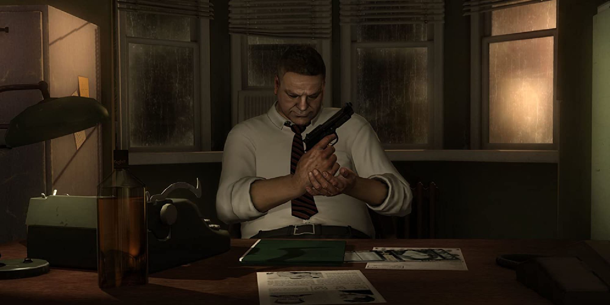 Scott Shelby sitting in his office, holding a gun, in Heavy Rain
