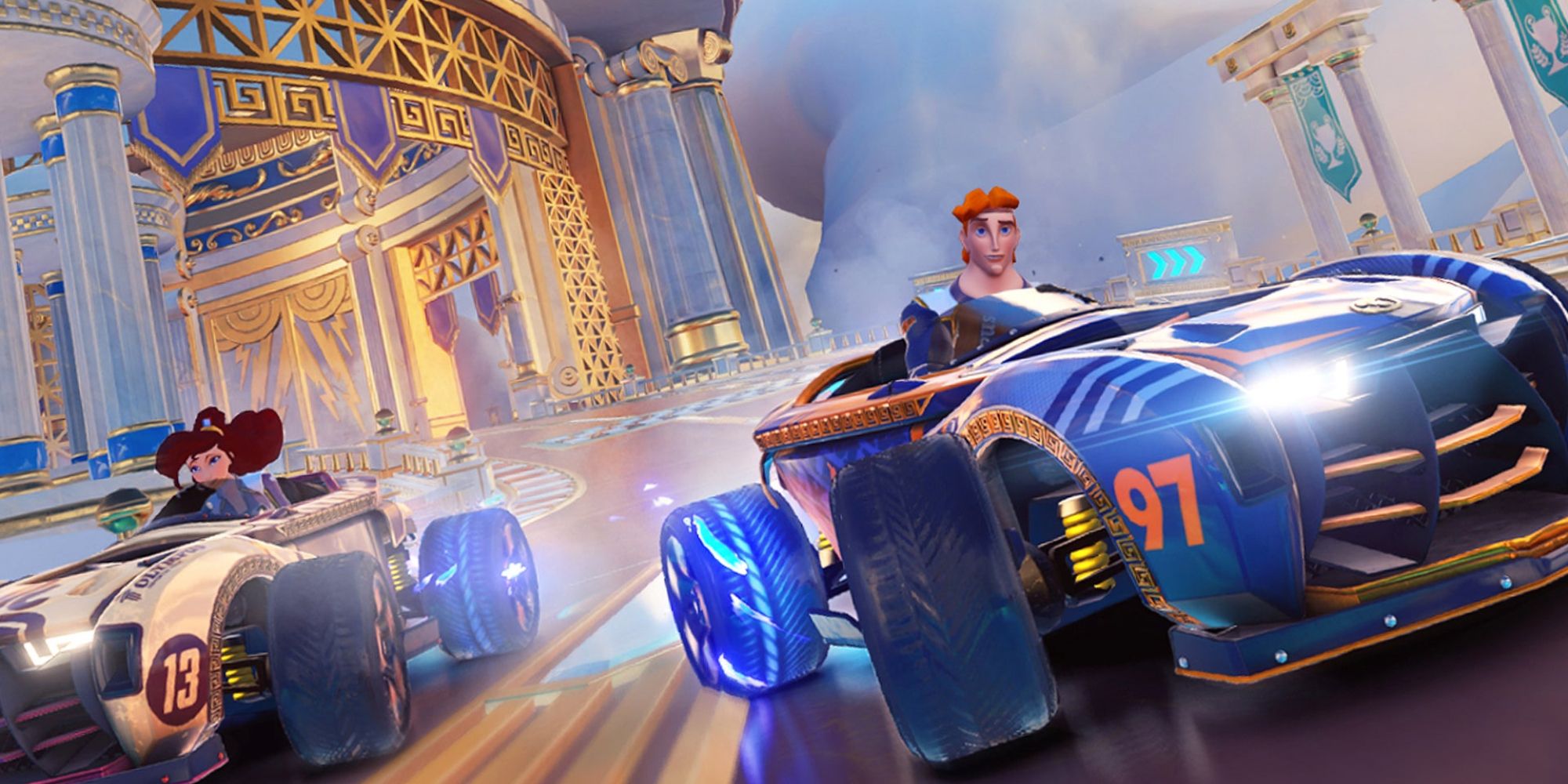 Hercules driving a number 97 kart alongside Megara in Disney Speedstorm