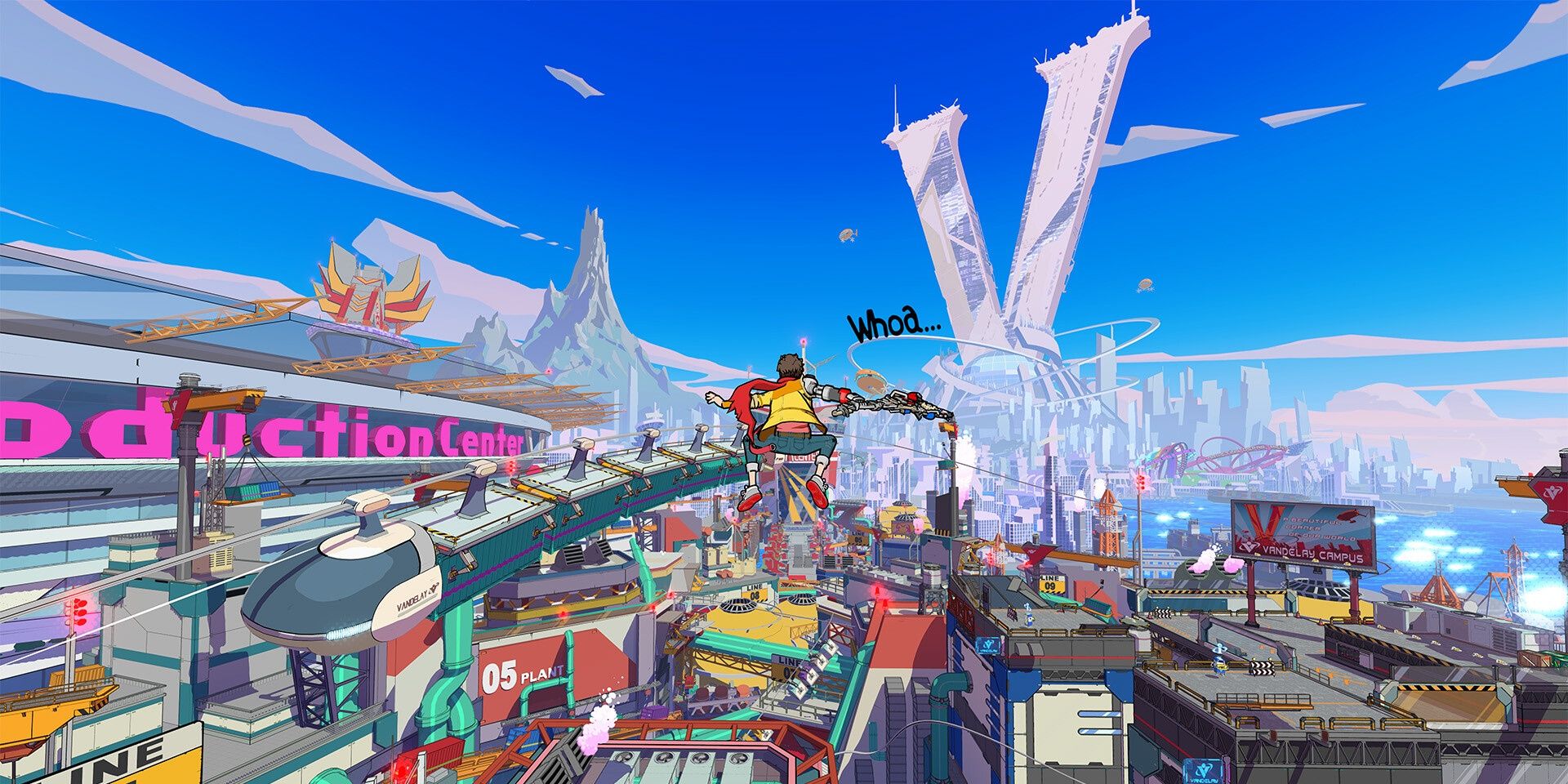 Chai being launched into the sky out of a facility overlooking the entire corporation in Hi-Fi Rush