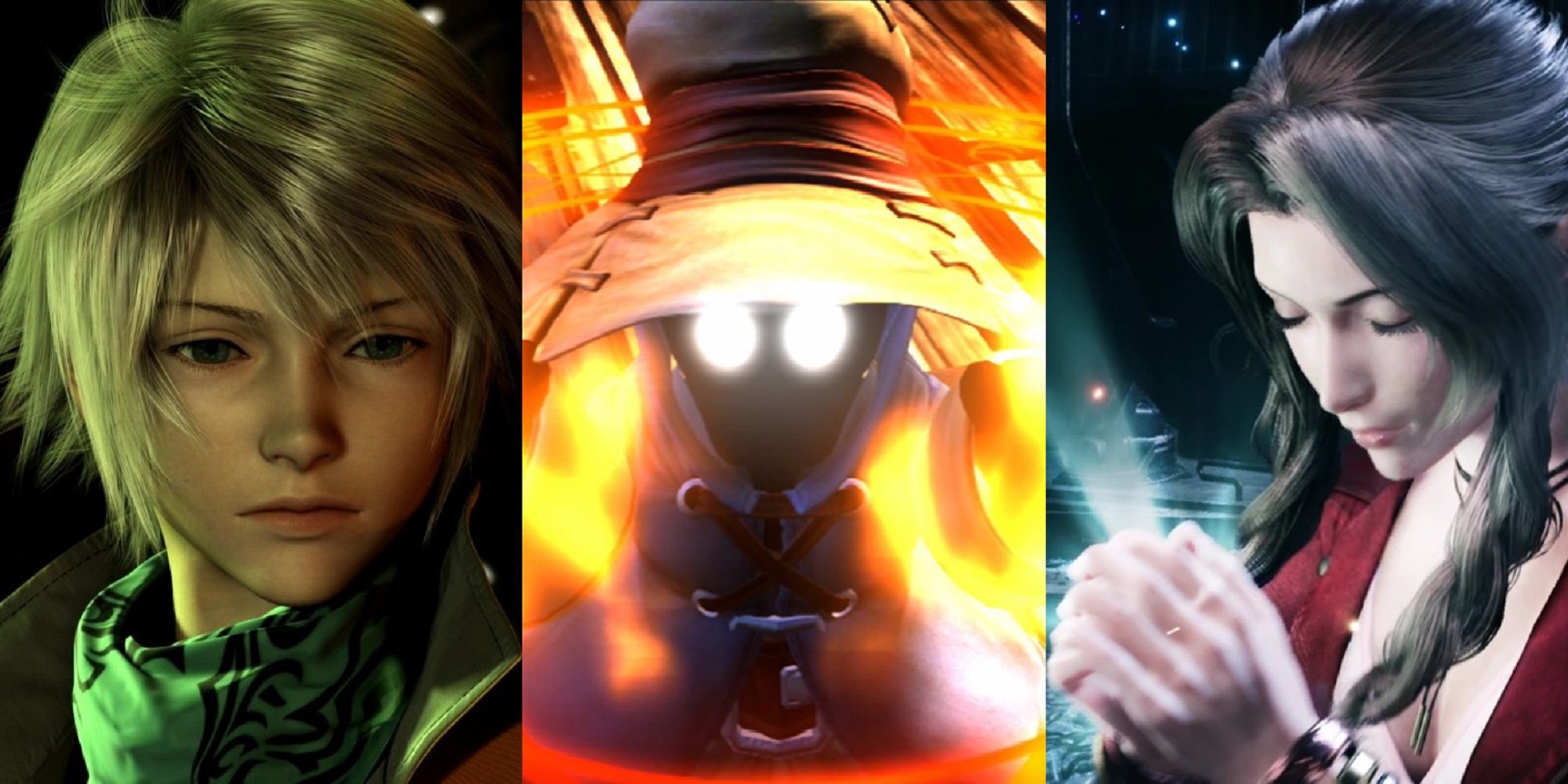 Split image of Hope at the Hanging Edge in Final Fantasy 13, Vivi using magic in Final Fantasy 9, and Aerith casting Healing Wind in Final Fantasy 7
