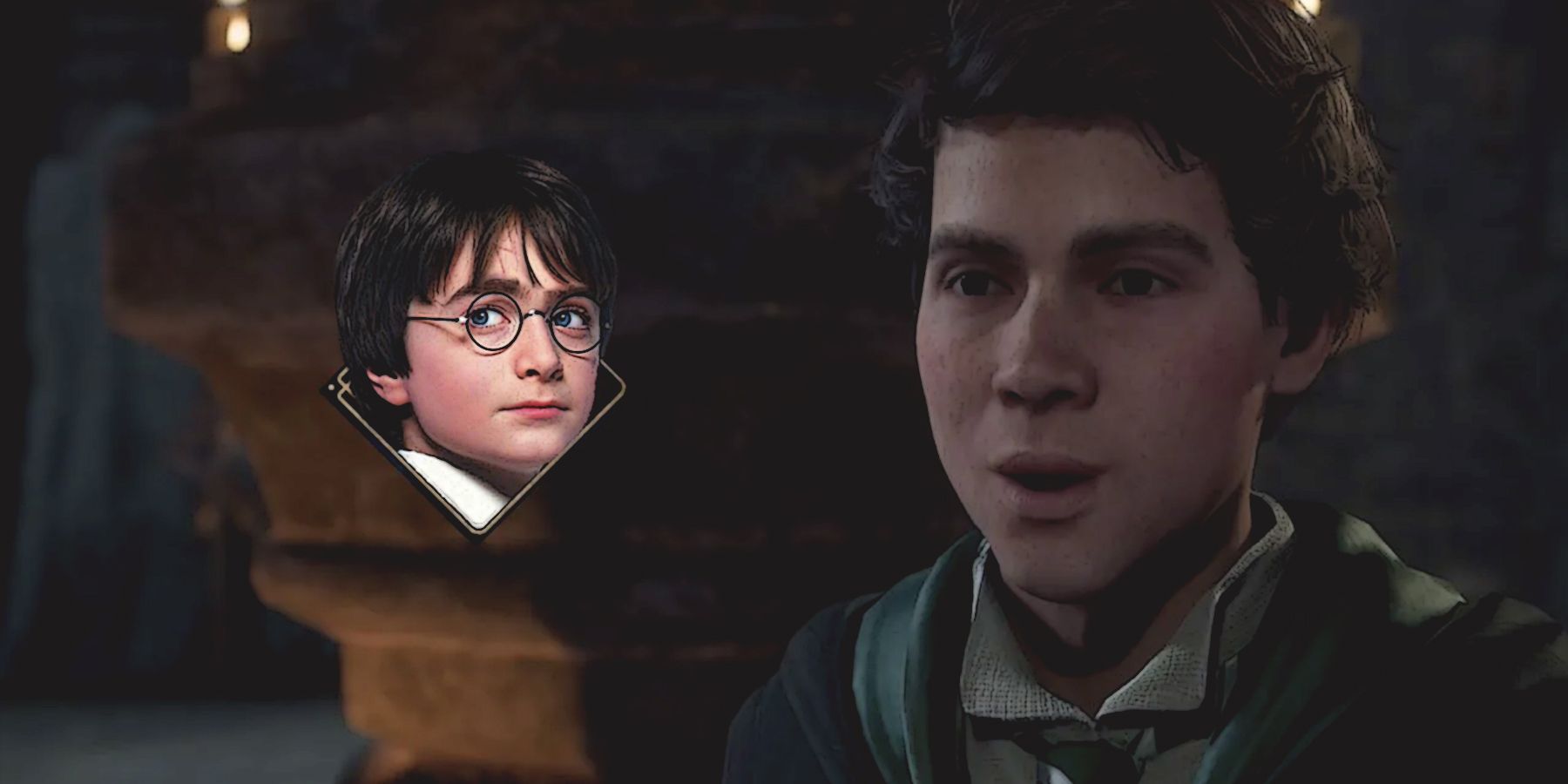 Hogwarts Legacy amazed character looking at Daniel Radcliffe as Harry Potter