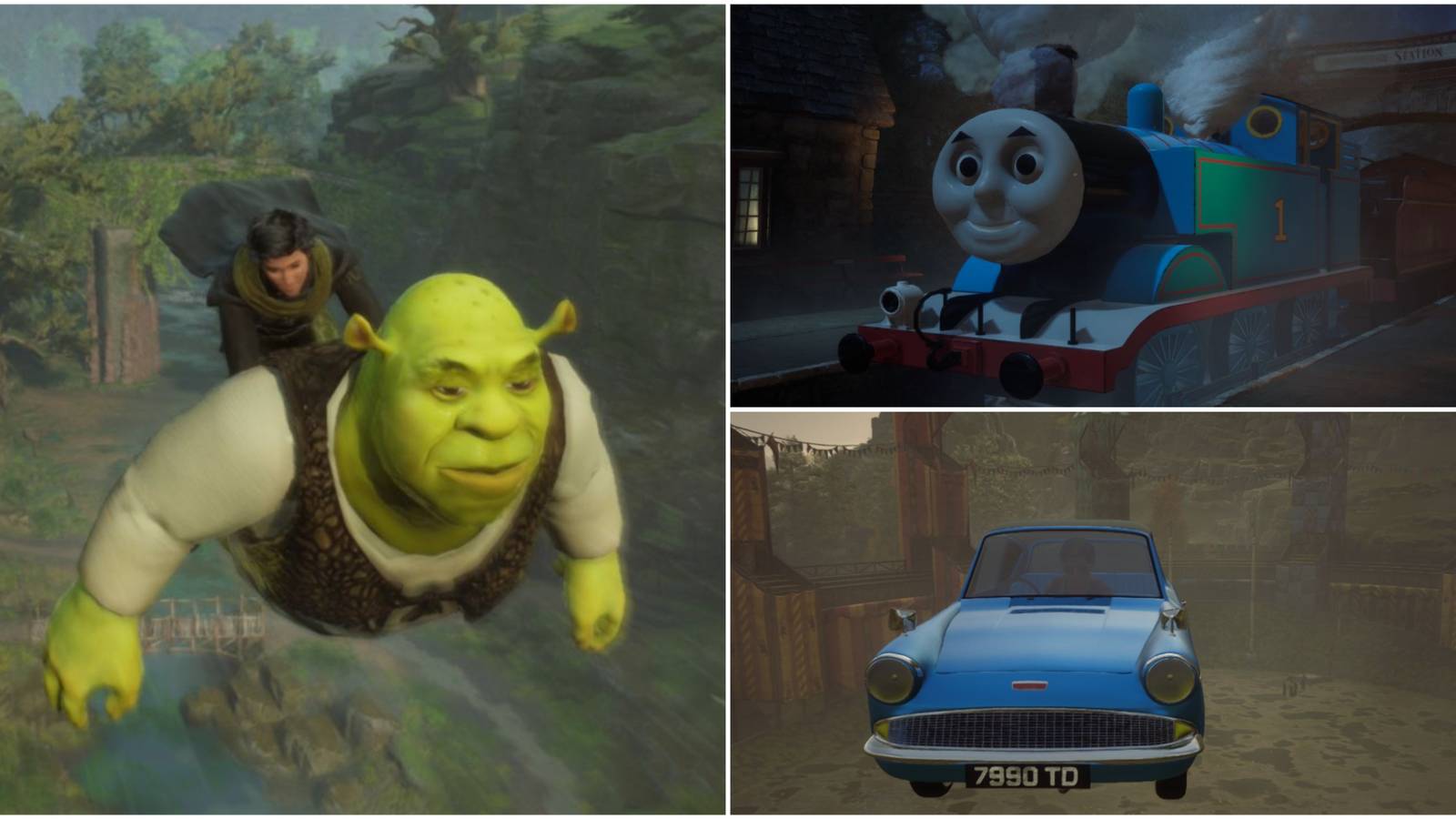 Hogwarts Legacy Funny Mods, Shrek Broom, Thomas the Tank Engine, Ford Anglia