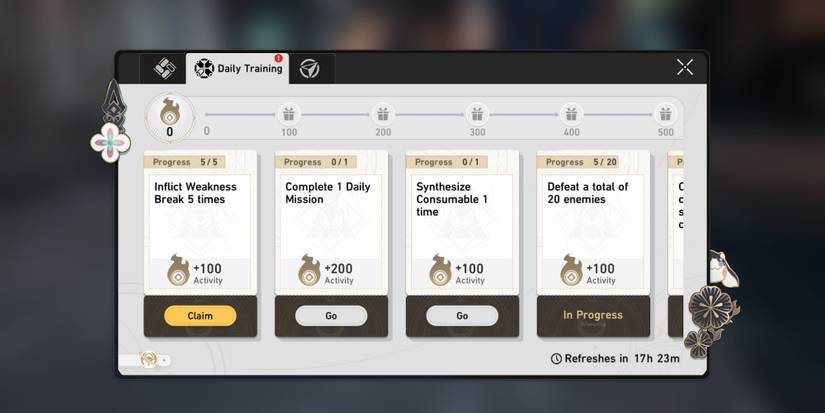The daily training screen in Honkai Star Rail