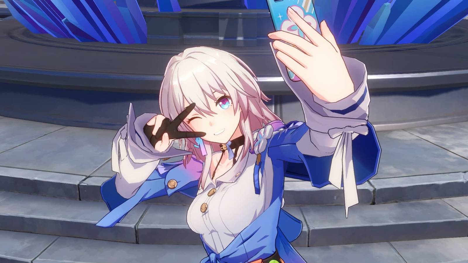 Honkai Star Rail's March 7th taking a selfie 