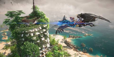 A screenshot of Aloy flying over a ruined building on the back of a Sunwing in Horizon Forbidden West.