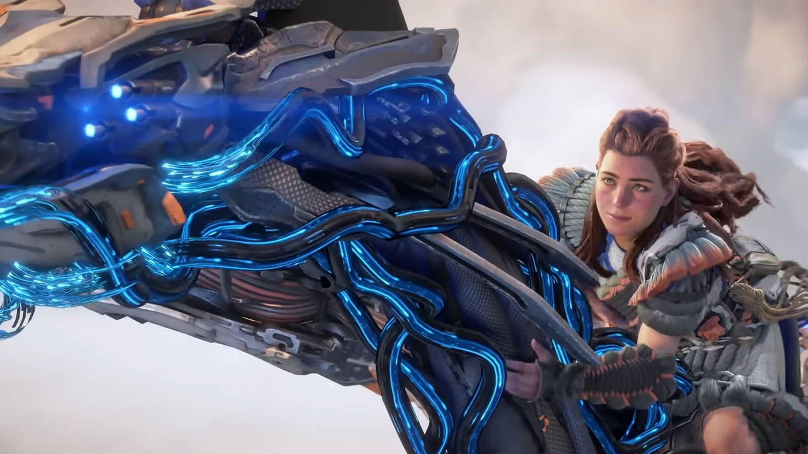 A screenshot of Aloy rinding her Sunwing through the clouds in Horizon Forbidden West.