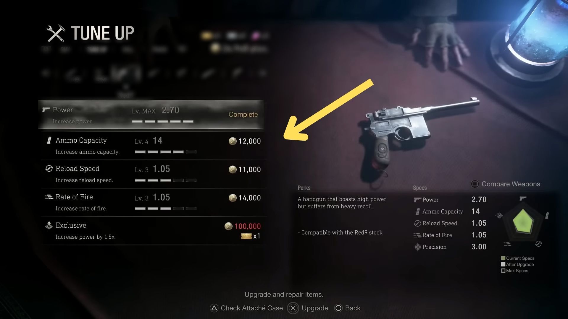 image showing how to fully upgrade weapons in the resident evil 4 remake. 