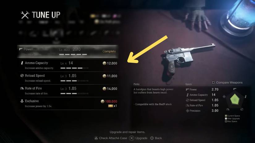 image showing how to fully upgrade weapons in the resident evil 4 remake. 