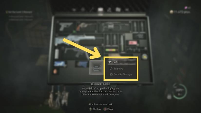 image showing how to equip and use the biosensor scope in the re4 remake.