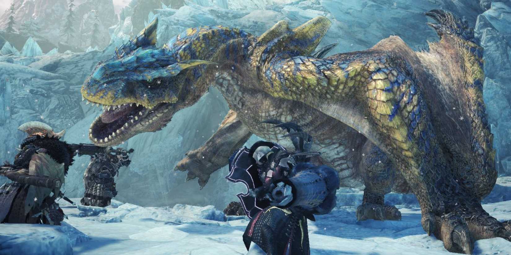 Hunters fighting a Tigrex in Iceborne