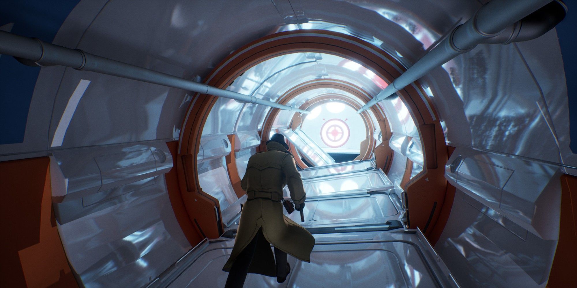 a character running through an obstacle in the space inside