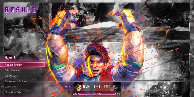 The post-fight screen of Luke winning in Street Fighter 6, Luke's arms are raised in victory