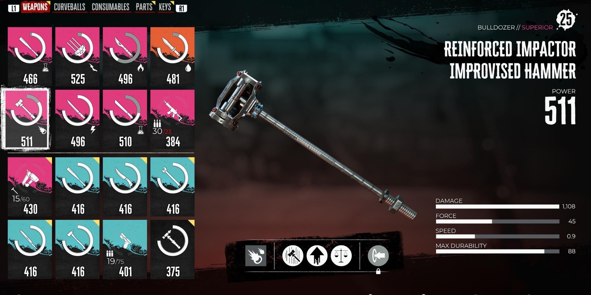 Improvised Hammer in the player's inventory in Dead Island 2