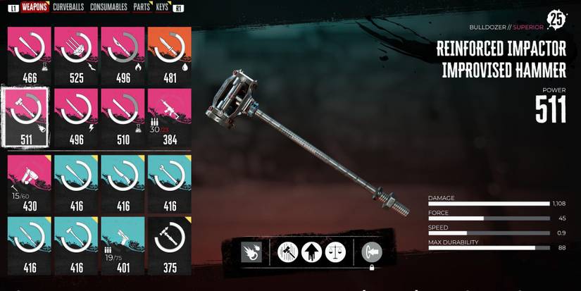 Improvised Hammer in the player's inventory in Dead Island 2
