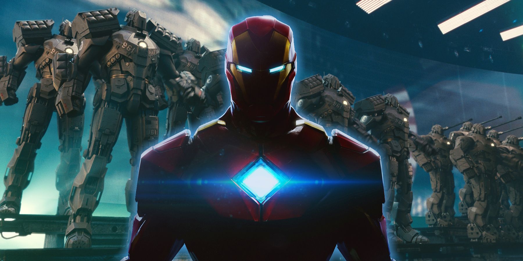 Iron Man game promo image over still of Hammer Drones from Iron Man 2