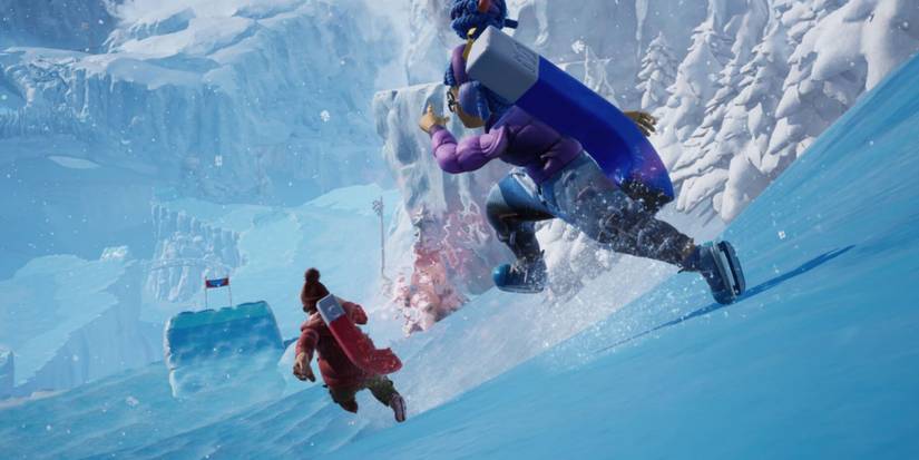 Two protagonist run through a snowy landscape.