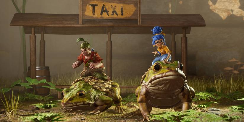 Cody and May riding toads in front of a sign that says "Taxi" in It Takes Two
