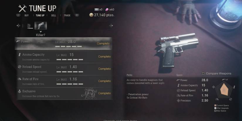 The Killer7 magnum Tune Up menu in Resident Evil 4 remake